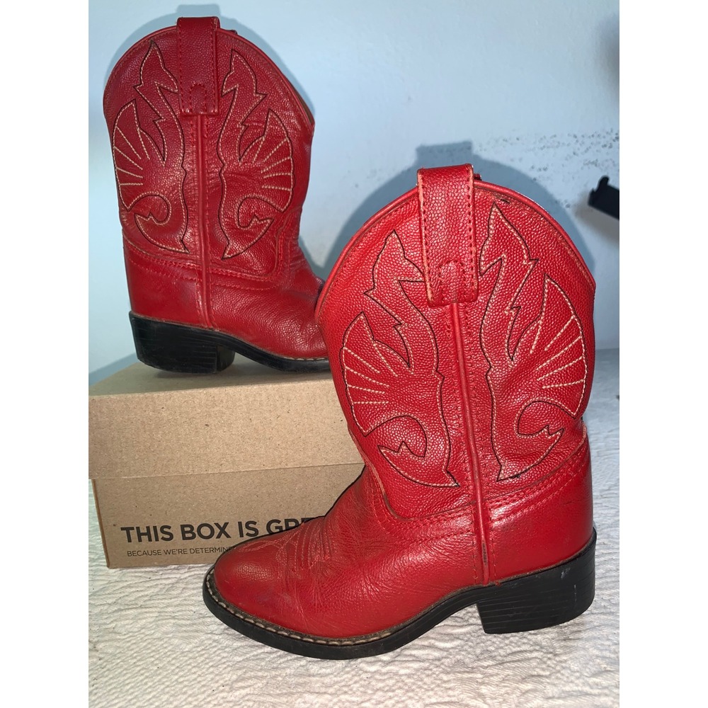 Acme Kids Red Leather Western Cowboy Boots Stitching AC155C Size 10D
